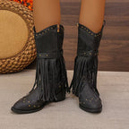 Women's Mid-Calf Cowgirl Boots with Fringe and Buckle Strap