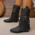 Women's Mid-Calf Cowgirl Boots with Fringe and Buckle Strap