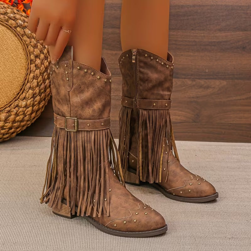 Women's Mid-Calf Cowgirl Boots with Fringe and Buckle Strap