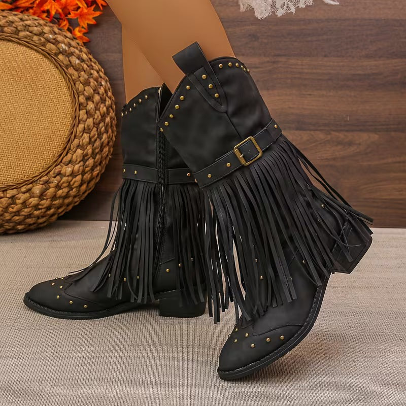 Women's Mid-Calf Cowgirl Boots with Fringe and Buckle Strap