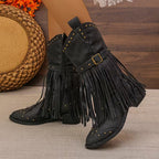 Women's Mid-Calf Cowgirl Boots with Fringe and Buckle Strap