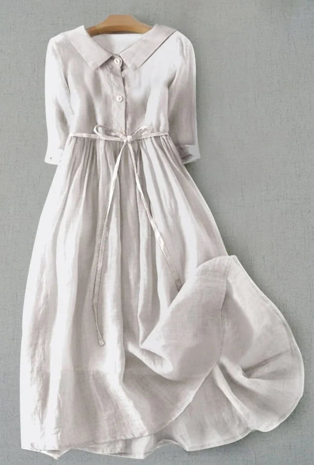 Women's Midi Dress with Flat Collar Button Front Placket and Tie Waist