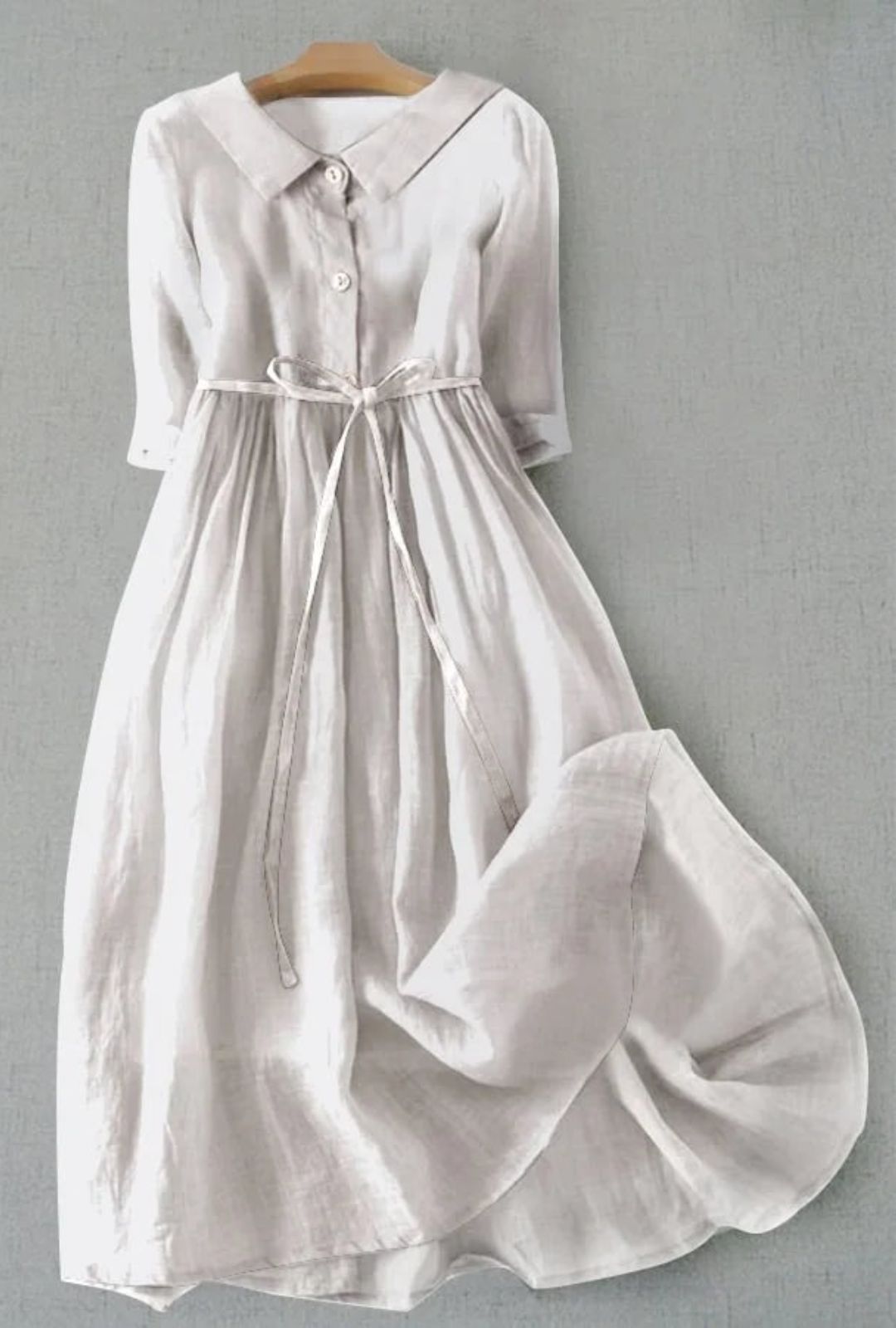 Women's Midi Dress with Flat Collar Button Front Placket and Tie Waist