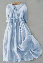 Women's Midi Dress with Flat Collar Button Front Placket and Tie Waist