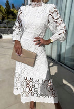 Womens Midi Dress with High Neck and Circular Cut-Out Overlay Long Sleeves and A-Line Skirt
