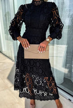 Womens Midi Dress with High Neck and Circular Cut-Out Overlay Long Sleeves and A-Line Skirt