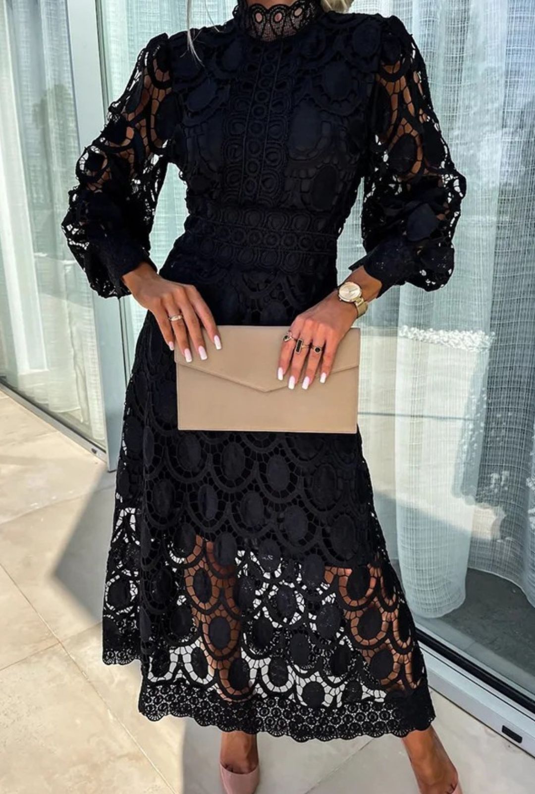 Womens Midi Dress with High Neck and Circular Cut-Out Overlay Long Sleeves and A-Line Skirt