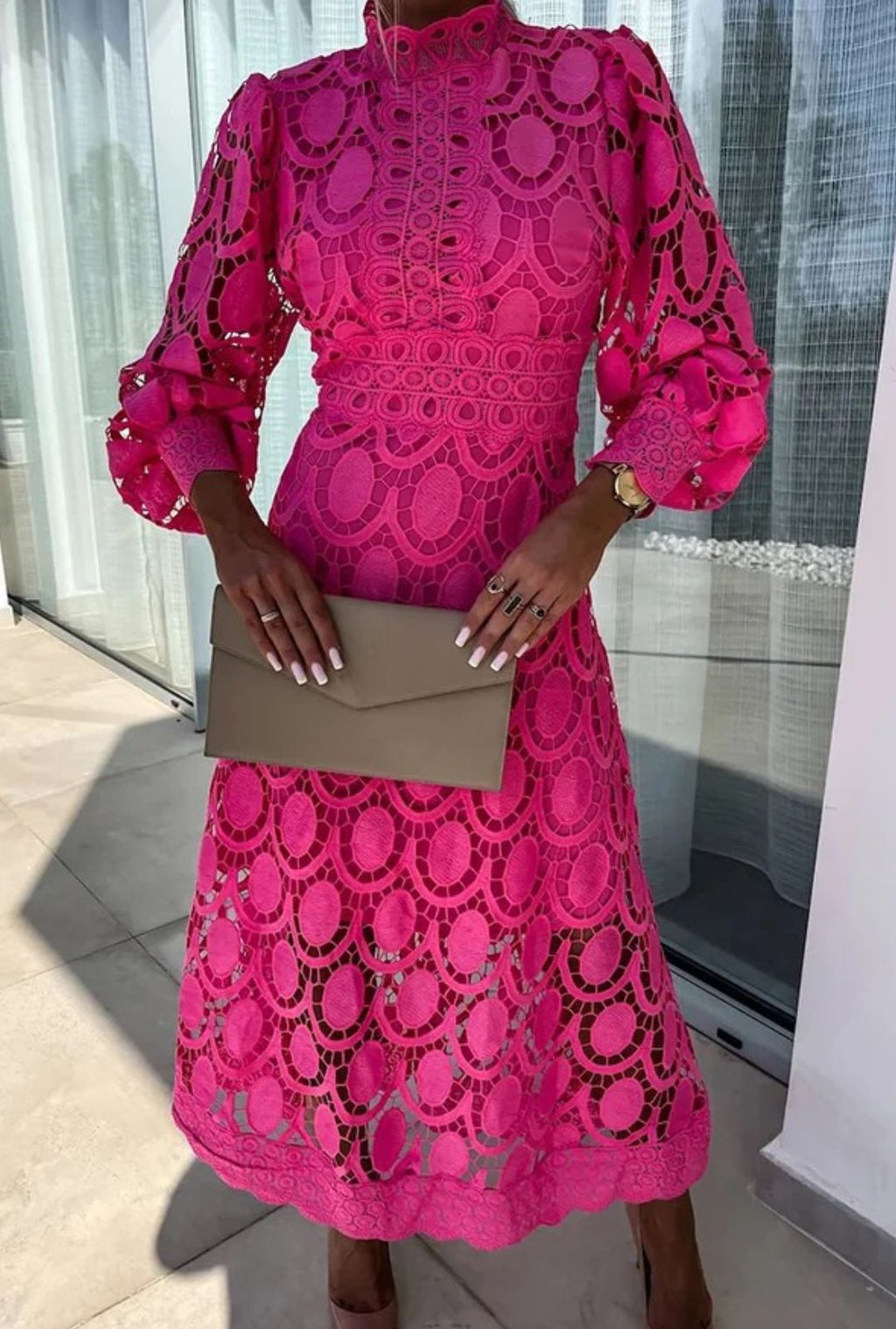 Womens Midi Dress with High Neck and Circular Cut-Out Overlay Long Sleeves and A-Line Skirt