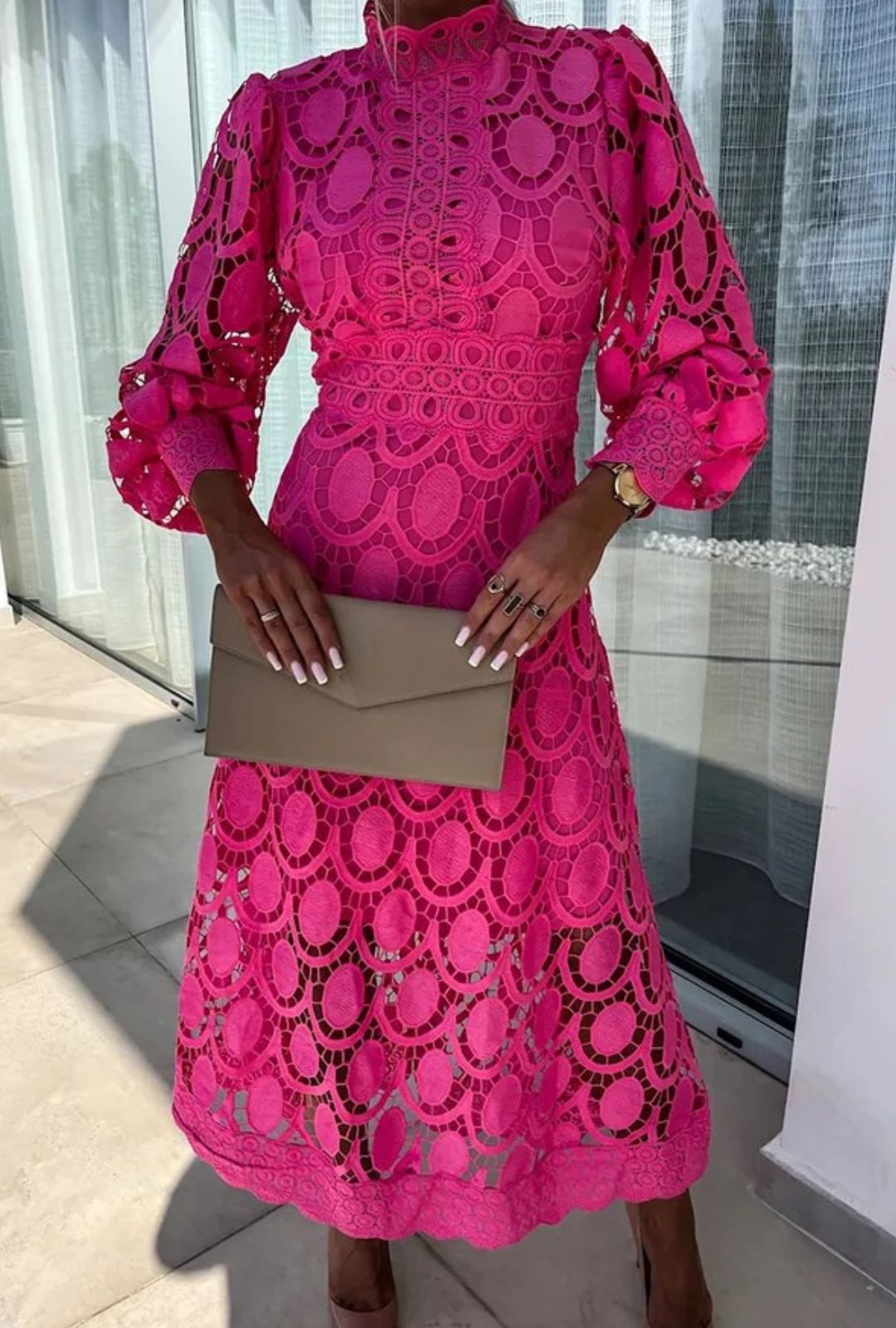 Womens Midi Dress with High Neck and Circular Cut-Out Overlay Long Sleeves and A-Line Skirt