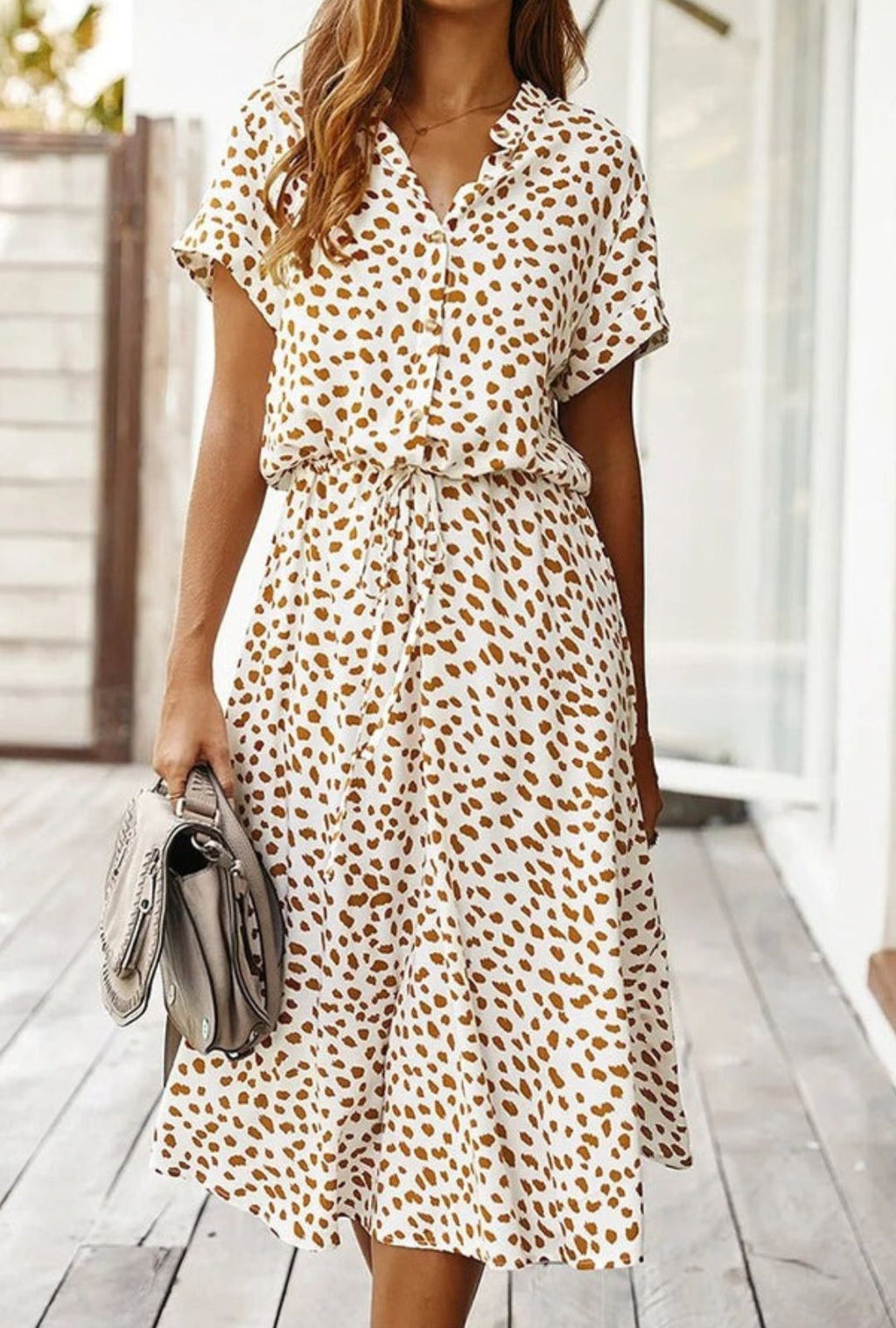 Women's Midi Dress with Spot Print V-Neckline and Short Sleeves and Drawstring Waist