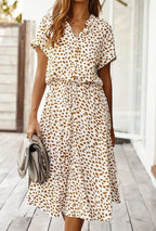 Women's Midi Dress with Spot Print V-Neckline and Short Sleeves and Drawstring Waist