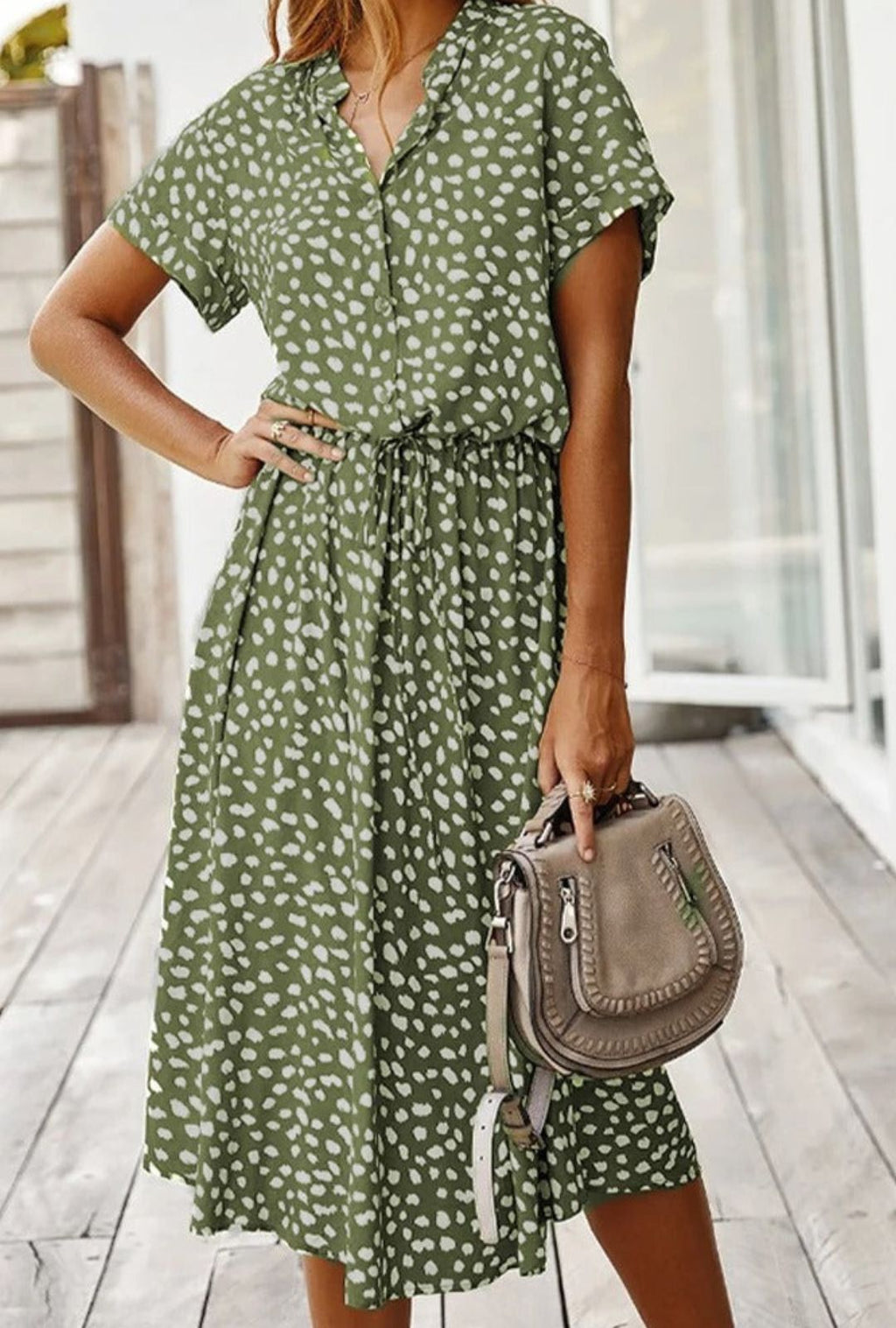 Women's Midi Dress with Spot Print V-Neckline and Short Sleeves and Drawstring Waist