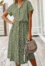 Women's Midi Dress with Spot Print V-Neckline and Short Sleeves and Drawstring Waist