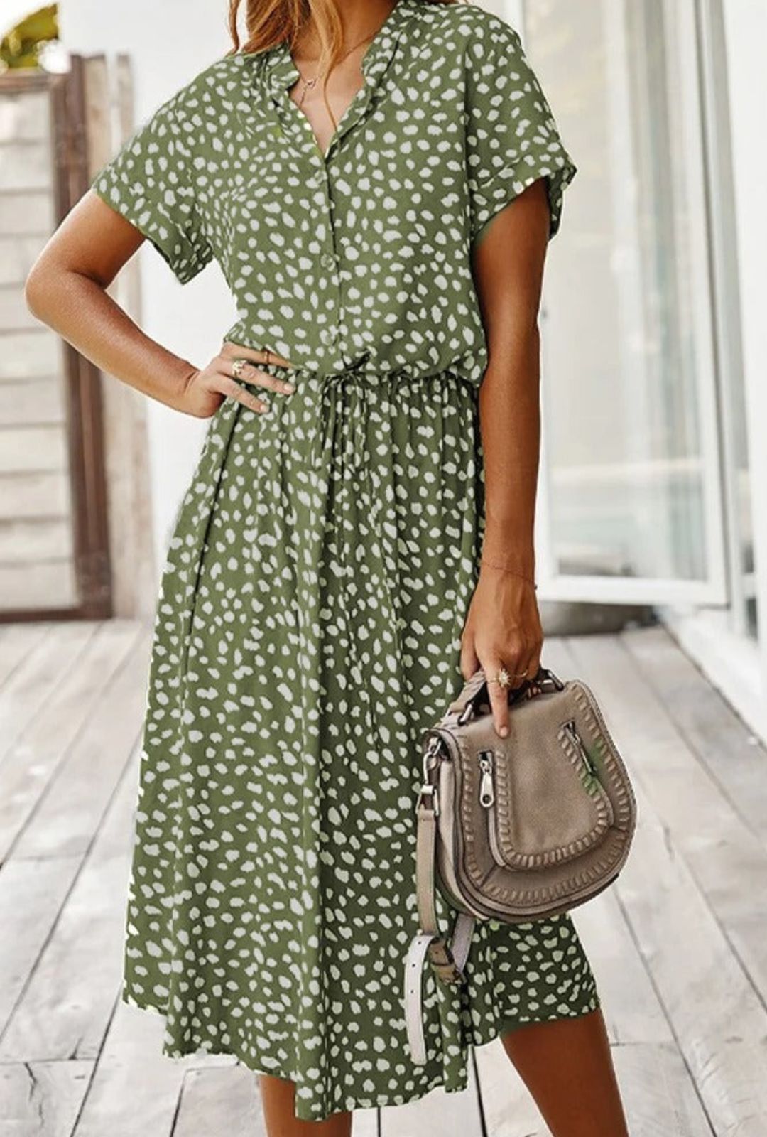 Women's Midi Dress with Spot Print V-Neckline and Short Sleeves and Drawstring Waist