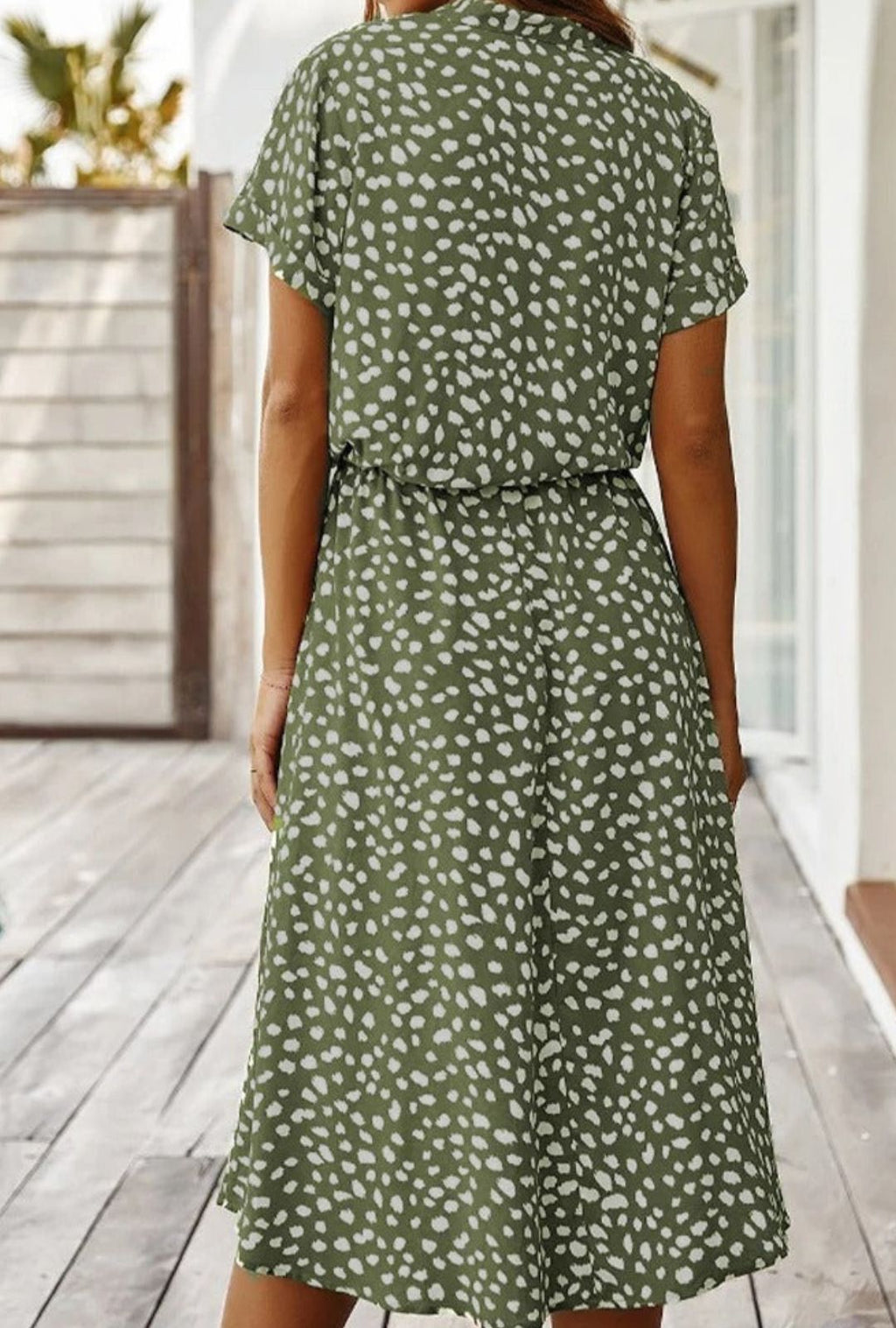 Women's Midi Dress with Spot Print V-Neckline and Short Sleeves and Drawstring Waist