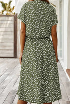 Women's Midi Dress with Spot Print V-Neckline and Short Sleeves and Drawstring Waist