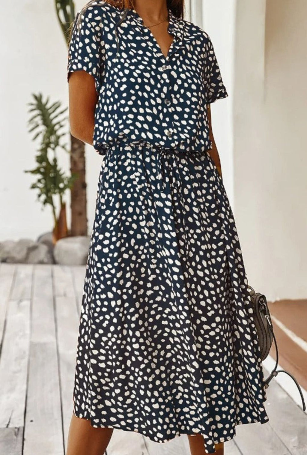 Women's Midi Dress with Spot Print V-Neckline and Short Sleeves and Drawstring Waist