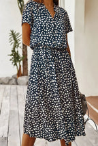Women's Midi Dress with Spot Print V-Neckline and Short Sleeves and Drawstring Waist