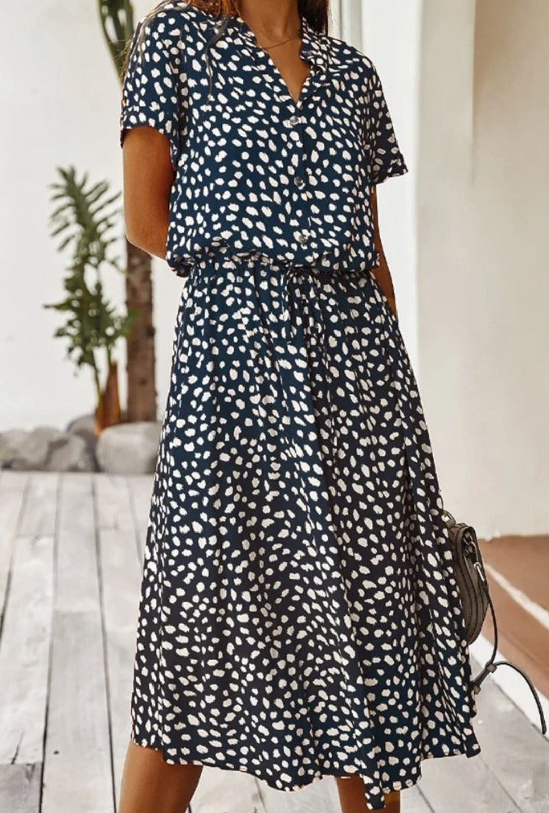 Women's Midi Dress with Spot Print V-Neckline and Short Sleeves and Drawstring Waist
