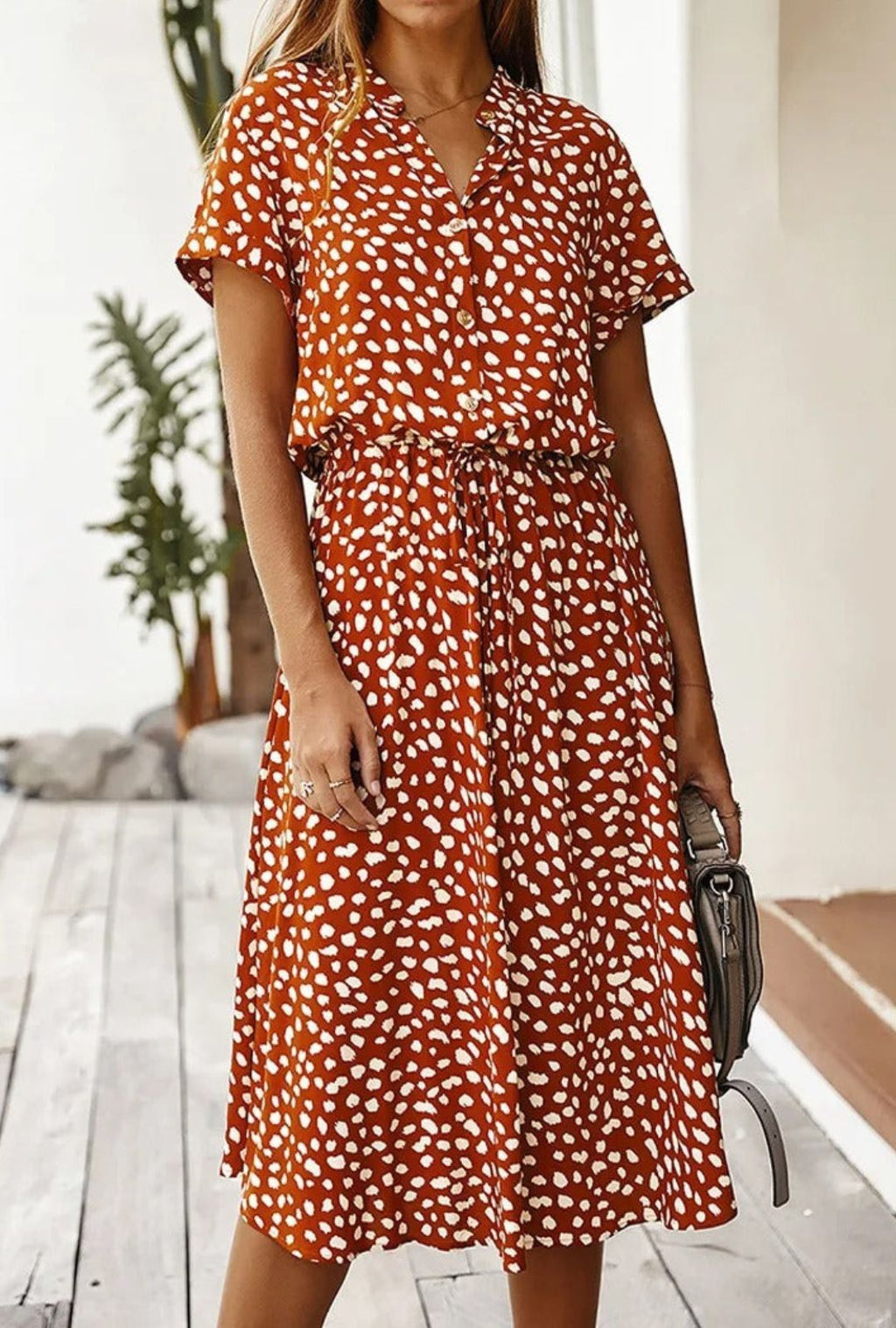 Women's Midi Dress with Spot Print V-Neckline and Short Sleeves and Drawstring Waist