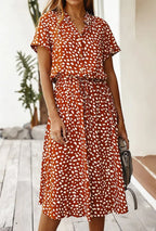 Women's Midi Dress with Spot Print V-Neckline and Short Sleeves and Drawstring Waist