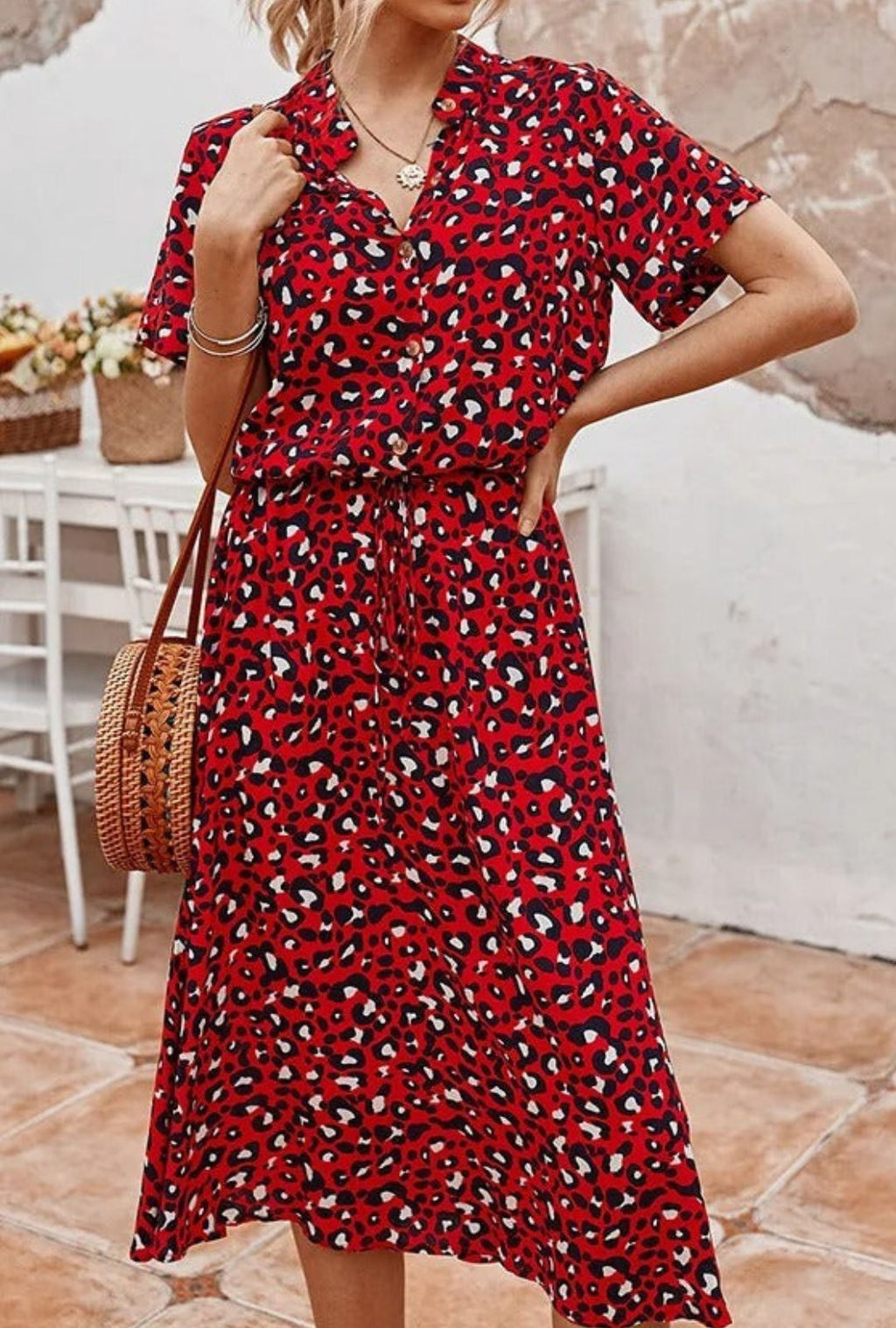 Women's Midi Dress with Spot Print V-Neckline and Short Sleeves and Drawstring Waist