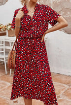 Women's Midi Dress with Spot Print V-Neckline and Short Sleeves and Drawstring Waist