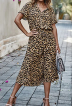Women's Midi Dress with Spot Print V-Neckline and Short Sleeves and Drawstring Waist