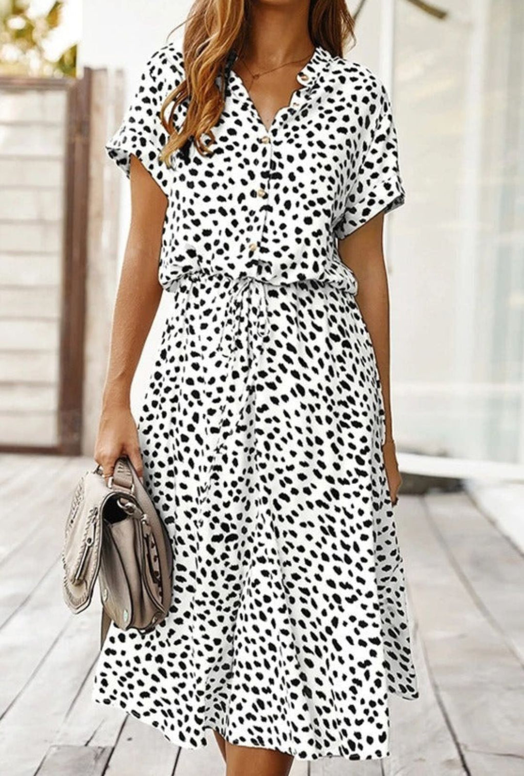 Women's Midi Dress with Spot Print V-Neckline and Short Sleeves and Drawstring Waist