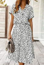 Women's Midi Dress with Spot Print V-Neckline and Short Sleeves and Drawstring Waist