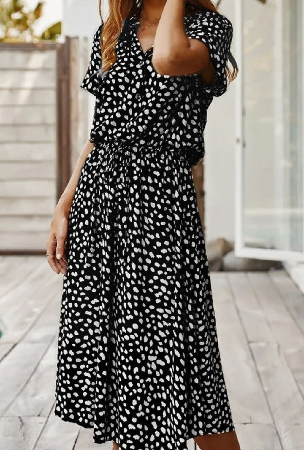 Women's Midi Dress with Spot Print V-Neckline and Short Sleeves and Drawstring Waist