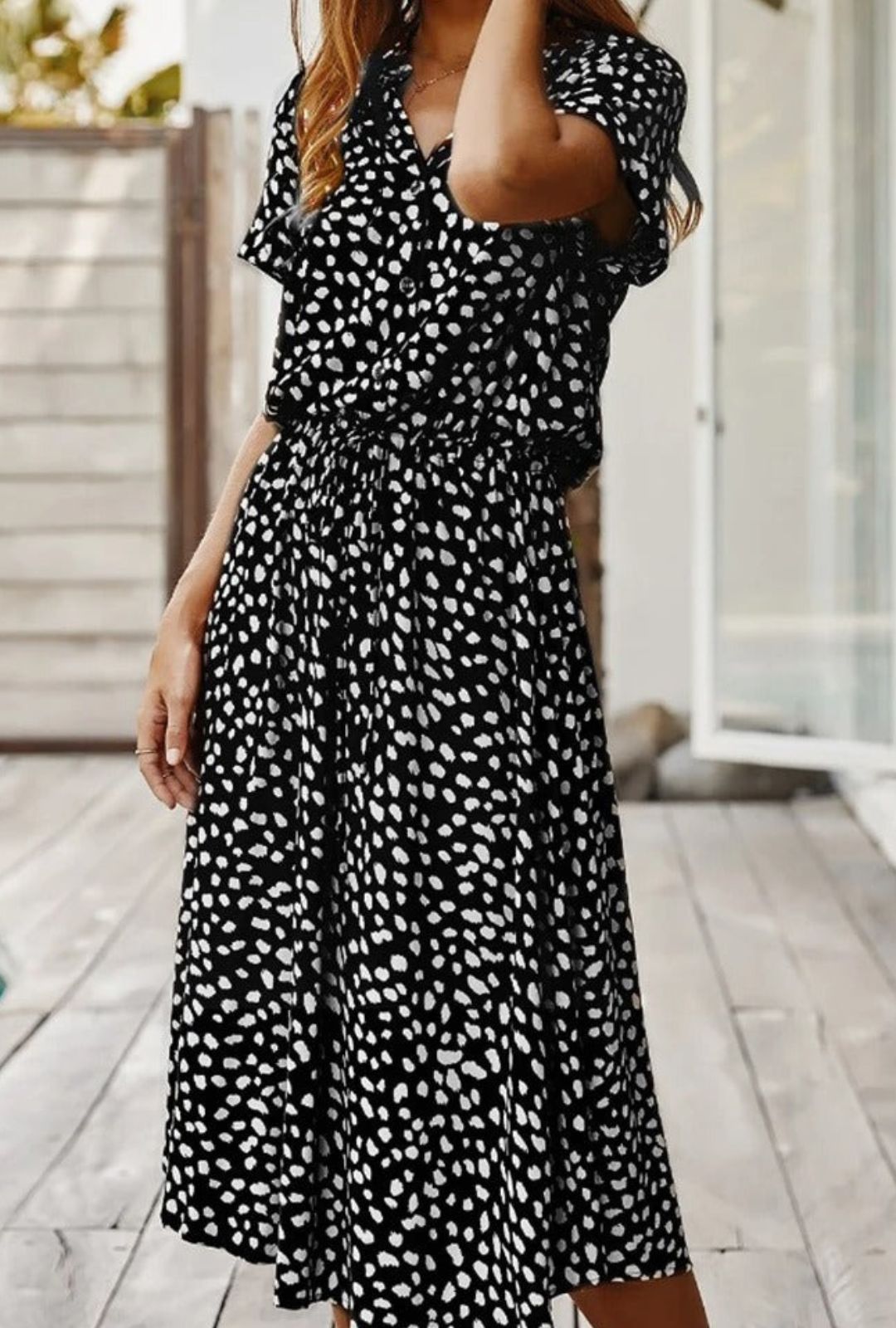 Women's Midi Dress with Spot Print V-Neckline and Short Sleeves and Drawstring Waist