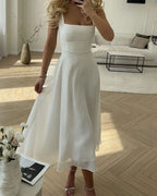 Women's Midi Dress with Square Neckline and Wide Shoulder Straps and Flared Skirt