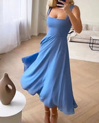 Women's Midi Dress with Square Neckline and Wide Shoulder Straps and Flared Skirt