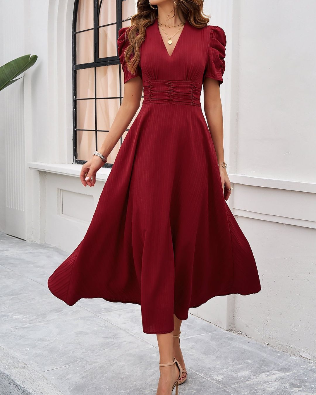 Women's Midi Dress with V-Neckline Puff Sleeves and Ruched Waistband