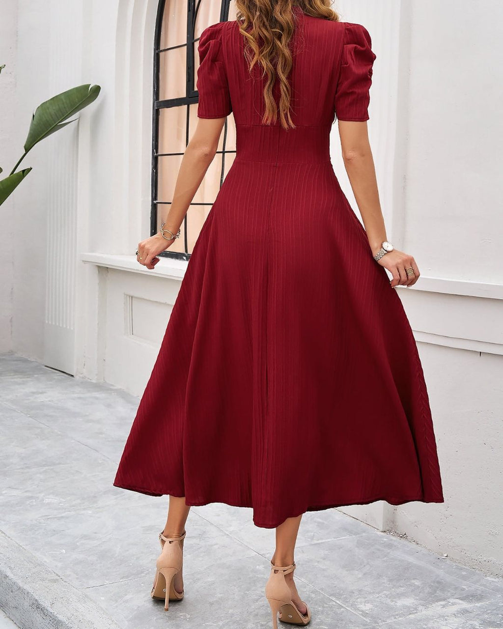 Women's Midi Dress with V-Neckline Puff Sleeves and Ruched Waistband