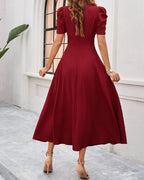 Women's Midi Dress with V-Neckline Puff Sleeves and Ruched Waistband
