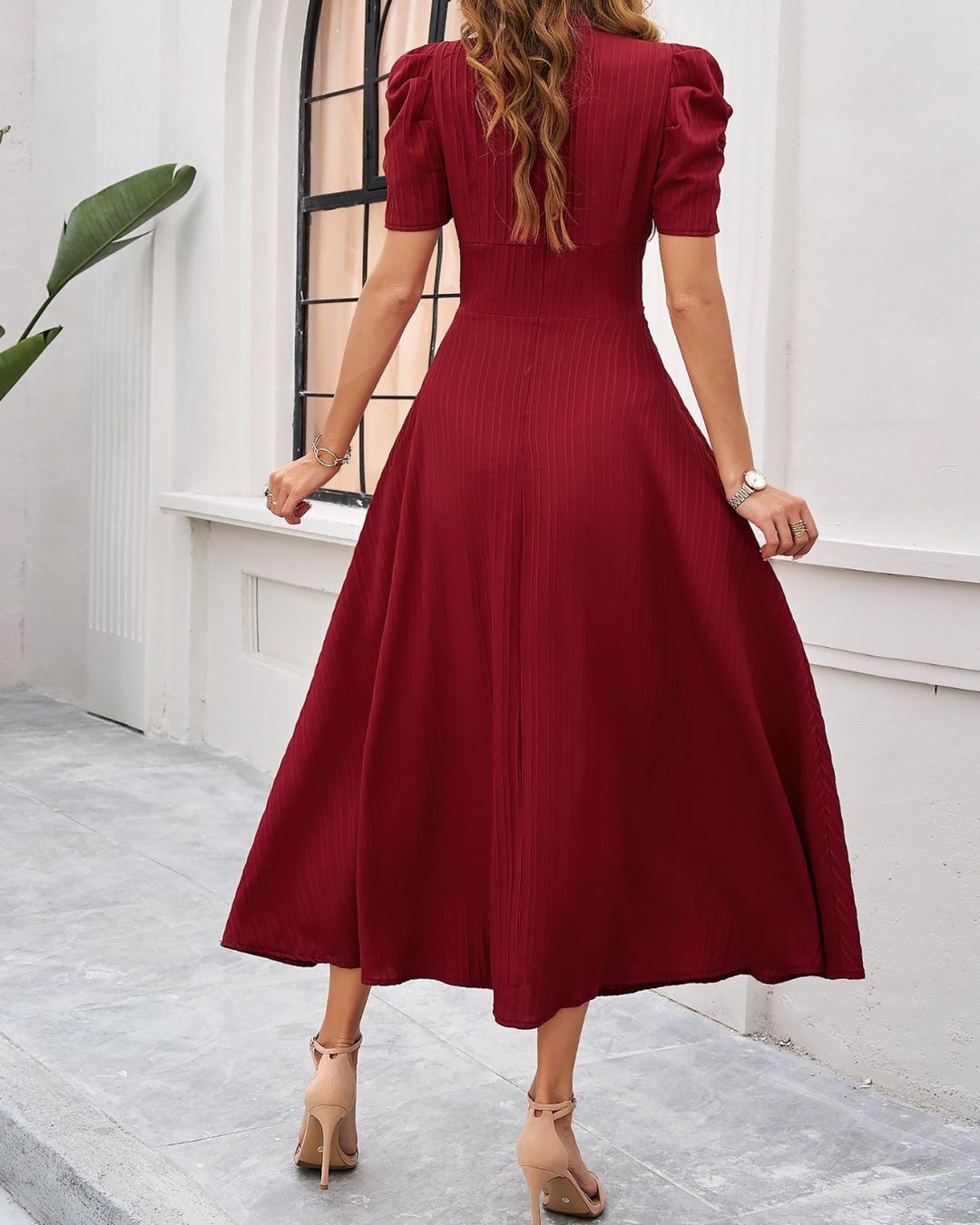 Women's Midi Dress with V-Neckline Puff Sleeves and Ruched Waistband