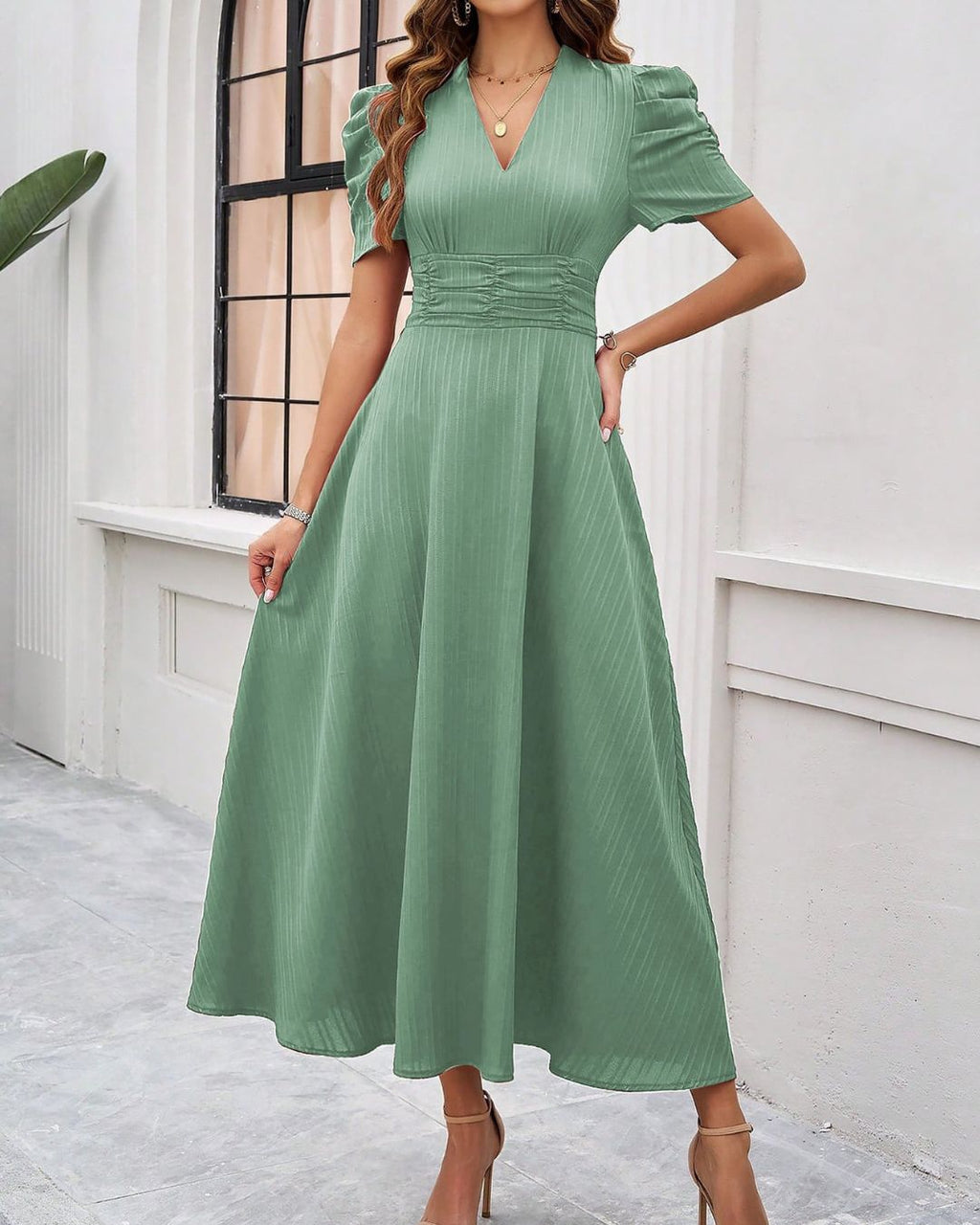 Women's Midi Dress with V-Neckline Puff Sleeves and Ruched Waistband
