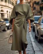 Women's Midi Dress with Wide-Sleeve Structure and Tie Waist Belt