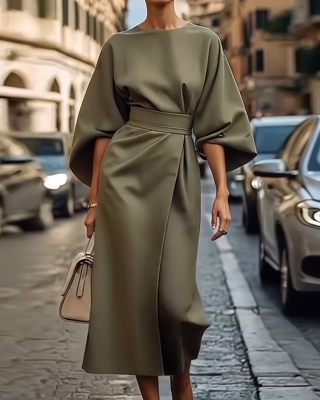 Women's Midi Dress with Wide-Sleeve Structure and Tie Waist Belt