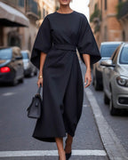 Women's Midi Dress with Wide-Sleeve Structure and Tie Waist Belt