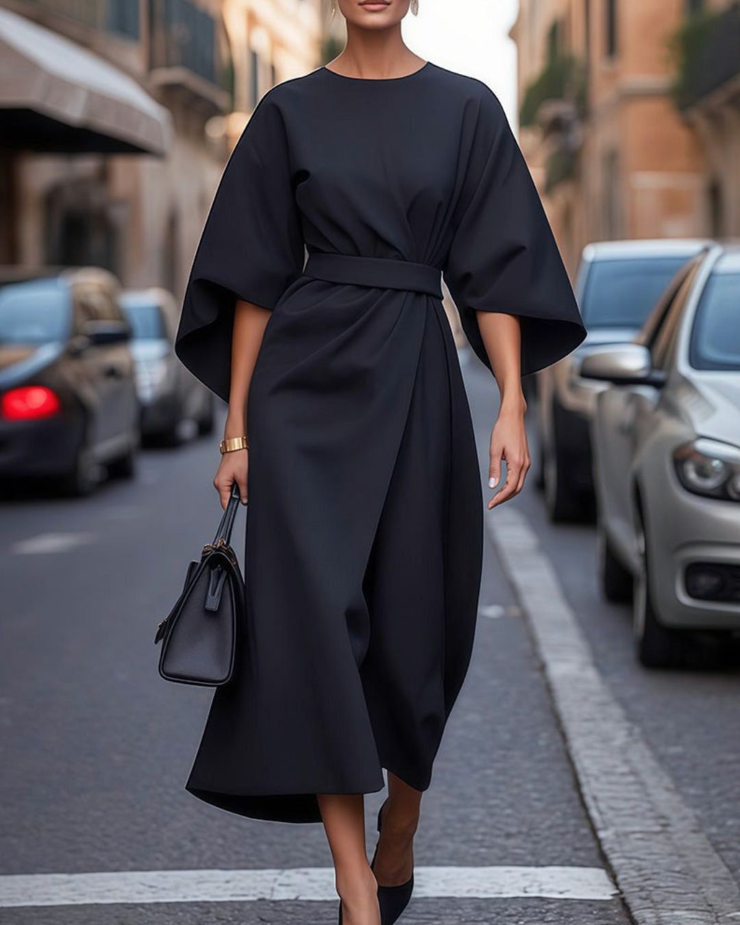 Women's Midi Dress with Wide-Sleeve Structure and Tie Waist Belt