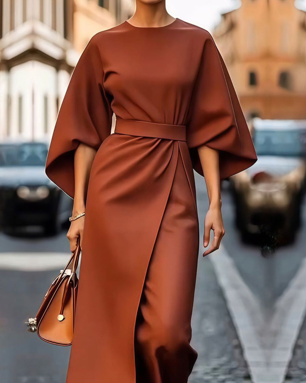 Women's Midi Dress with Wide-Sleeve Structure and Tie Waist Belt