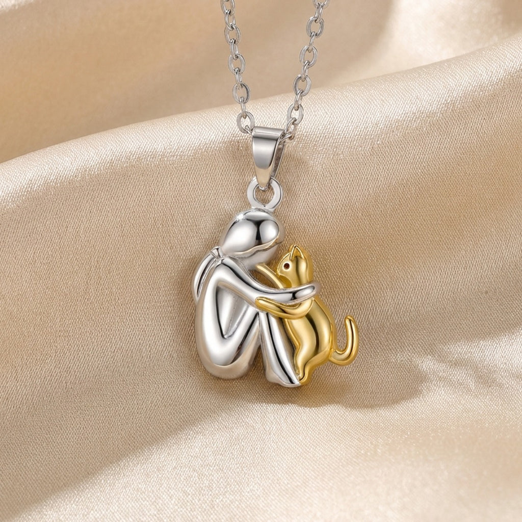 Women's Necklace with Abstract Figure and Cat Pendant on Cable Chain in Two-Tone Finish
