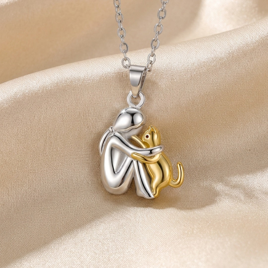 Women's Necklace with Abstract Figure and Cat Pendant on Cable Chain in Two-Tone Finish
