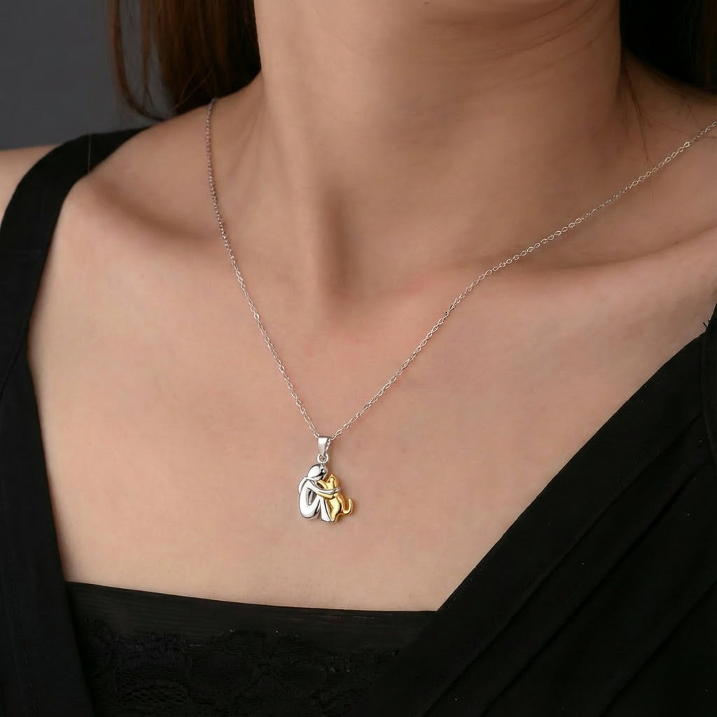 Women's Necklace with Abstract Figure and Cat Pendant on Cable Chain in Two-Tone Finish