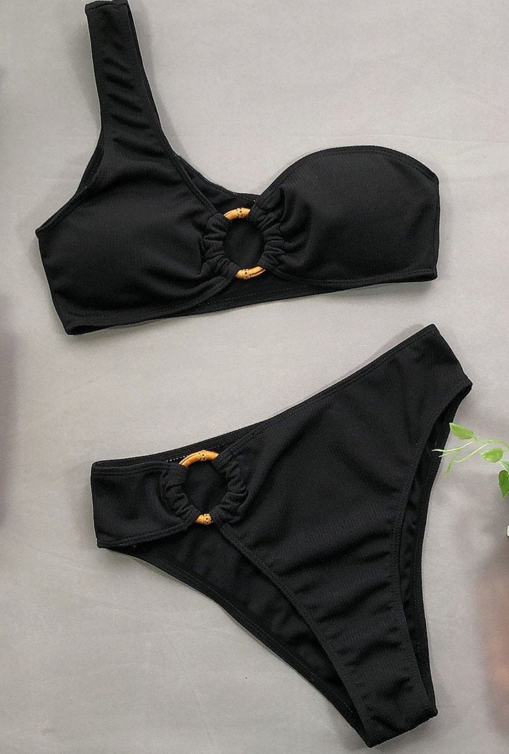 Women's One-Shoulder Bikini Set with Ring Detail and Ribbed-Texture Finish