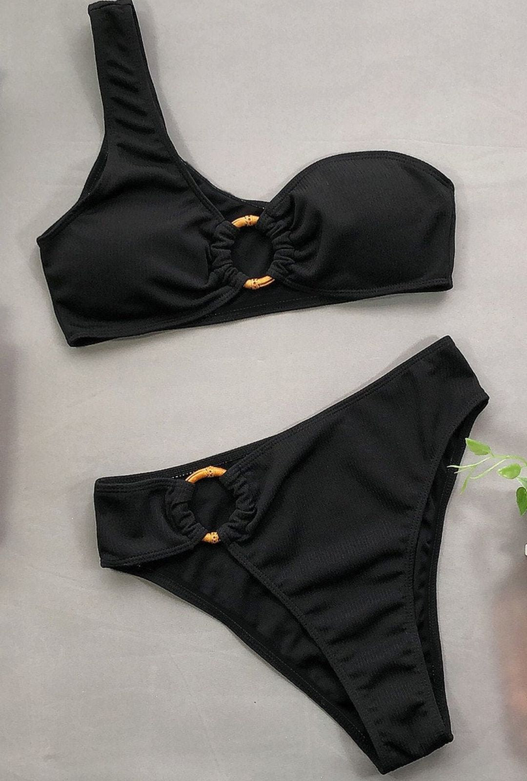 Women's One-Shoulder Bikini Set with Ring Detail and Ribbed-Texture Finish