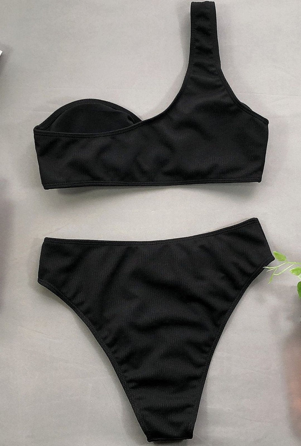 Women's One-Shoulder Bikini Set with Ring Detail and Ribbed-Texture Finish
